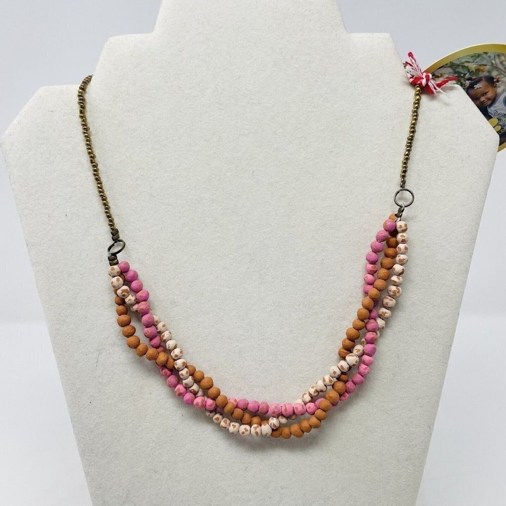 Artisian Teah Twisted Ceramic Bead Necklace in Pink & Brown 18 Inch Long $35